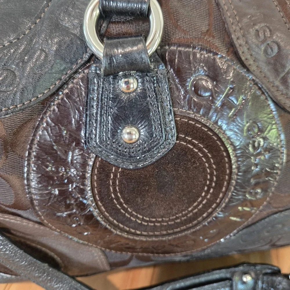 Coach Signature Patchwork Satchel Brown Jacquard Black Leather Shoulder Bag...